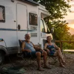 Casal brasileiro aposentado em frente a um motorhome estacionado em área natural durante o amanhecer, representando o estilo de vida em motorhome e caravanismo no Brasil.