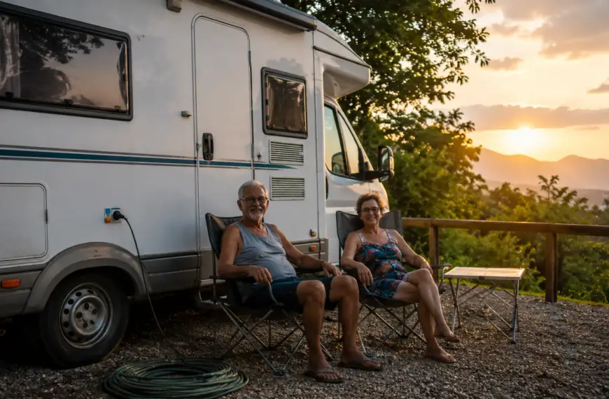 Casal brasileiro aposentado em frente a um motorhome estacionado em área natural durante o amanhecer, representando o estilo de vida em motorhome e caravanismo no Brasil.