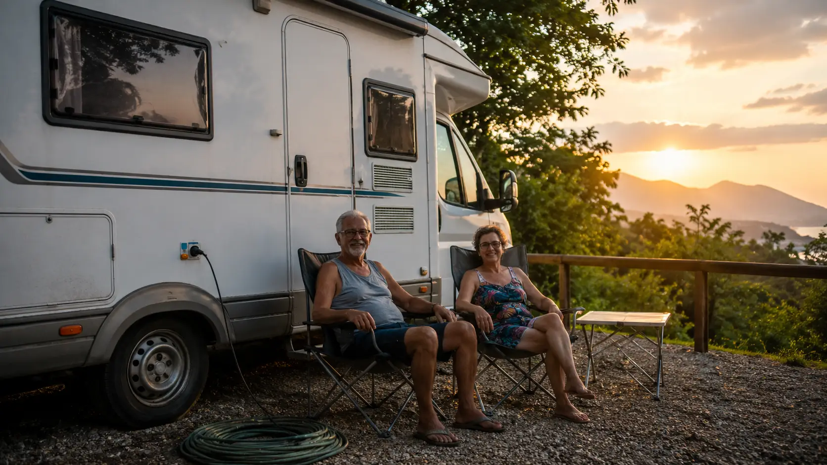 Casal brasileiro aposentado em frente a um motorhome estacionado em área natural durante o amanhecer, representando o estilo de vida em motorhome e caravanismo no Brasil.