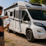 Homem ao lado de um motorhome branco em um camping, segurando um celular com checklist e apontando para o veículo enquanto faz a conferência final antes de viajar.