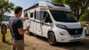 Homem ao lado de um motorhome branco em um camping, segurando um celular com checklist e apontando para o veículo enquanto faz a conferência final antes de viajar.