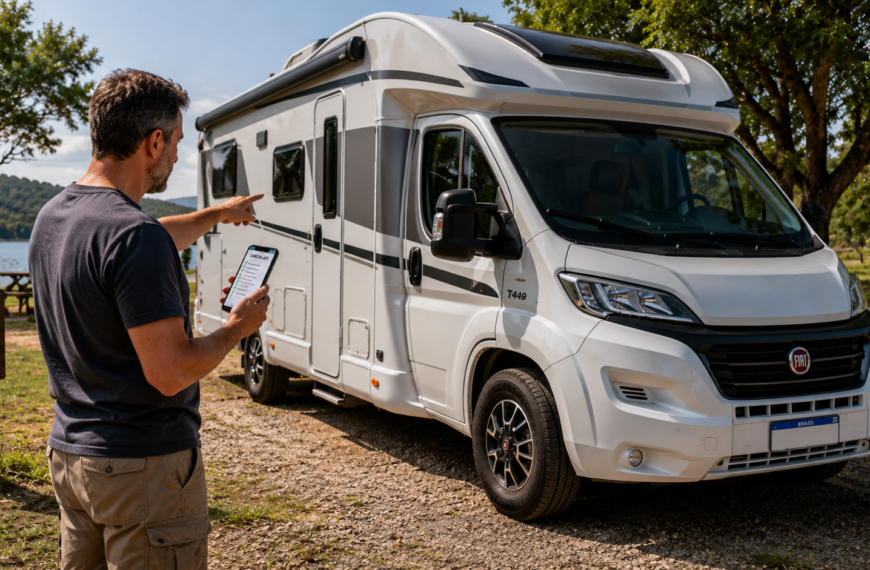 Homem ao lado de um motorhome branco em um camping, segurando um celular com checklist e apontando para o veículo enquanto faz a conferência final antes de viajar.