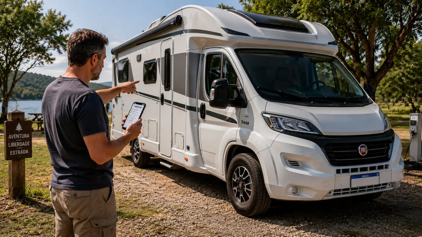 Homem ao lado de um motorhome branco em um camping, segurando um celular com checklist e apontando para o veículo enquanto faz a conferência final antes de viajar.