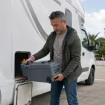 Homem segurando vaso cassete removível ao lado de um motorhome branco, com compartimento externo aberto para acesso ao sistema sanitário.