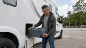 Homem segurando vaso cassete removível ao lado de um motorhome branco, com compartimento externo aberto para acesso ao sistema sanitário.