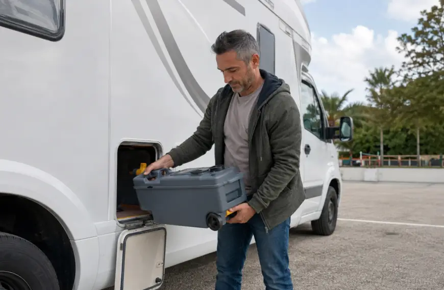 Homem segurando vaso cassete removível ao lado de um motorhome branco, com compartimento externo aberto para acesso ao sistema sanitário.