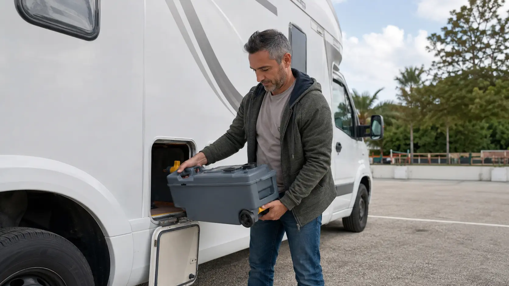 Homem segurando vaso cassete removível ao lado de um motorhome branco, com compartimento externo aberto para acesso ao sistema sanitário.
