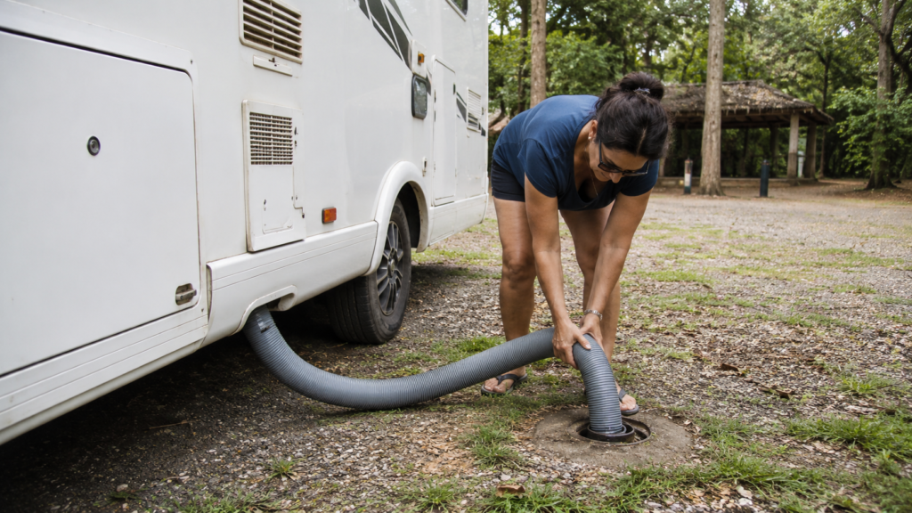 Mulher conectando mangueira de descarte do motorhome a um ponto de esgoto em área externa de camping.