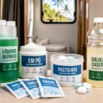 Produtos para banheiro químico de motorhome em líquido, sachê e solução caseira