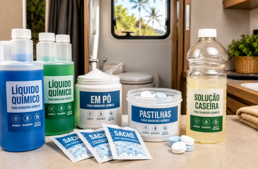 Produtos para banheiro químico de motorhome em líquido, sachê e solução caseira
