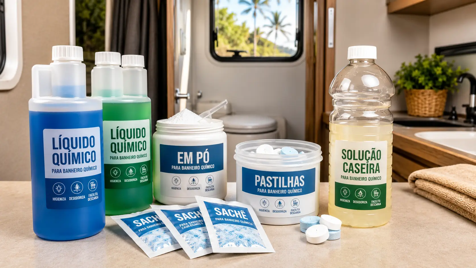 Produtos para banheiro químico de motorhome em líquido, sachê e solução caseira