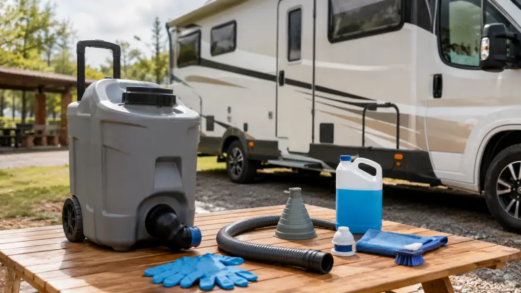 Melhor produto químico para banheiro de motorhome: vale a pena usar? 1 Luvas, galão e acessórios usados para descarte de resíduos em motorhome