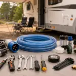 Itens essenciais para primeira viagem de motorhome sobre uma mesa.