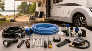 Itens essenciais para primeira viagem de motorhome sobre uma mesa.