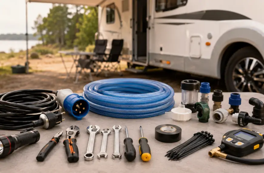 Itens essenciais para primeira viagem de motorhome sobre uma mesa.