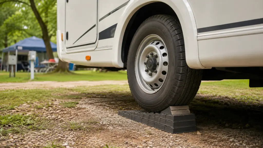 Itens que você precisa comprar antes da primeira viagem de motorhome ou trailer 1 Calços niveladores posicionados sob o pneu de um motorhome.
