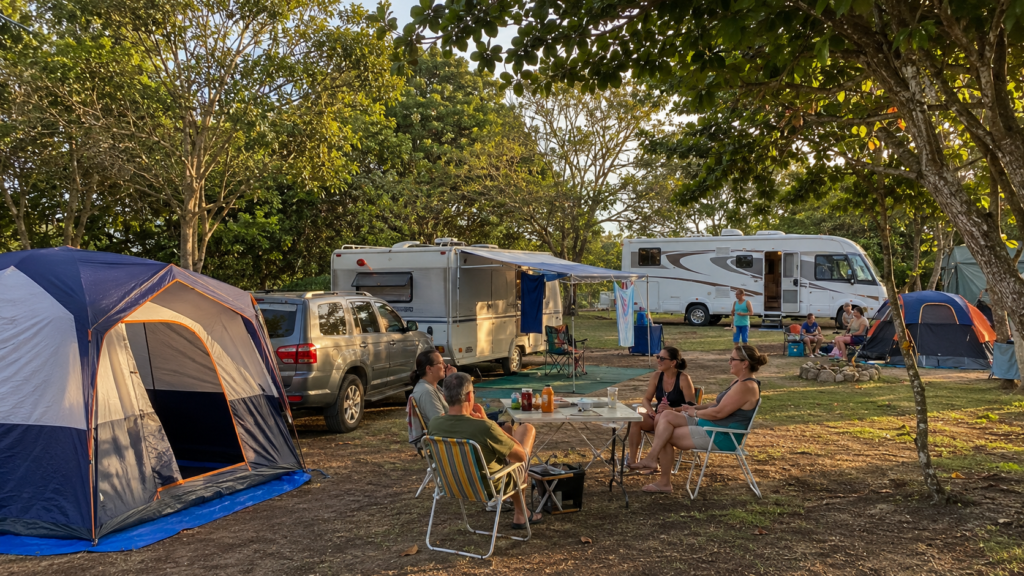 Vale a pena ficar em camping ou RV Park? Quando compensa pagar por estrutura 1 Camping brasileiro com barracas, trailers e motorhomes em área compartilhada