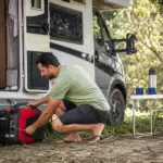 Homem ajustando gerador portátil ao lado de um motorhome estacionado em área de camping arborizada no Brasil.