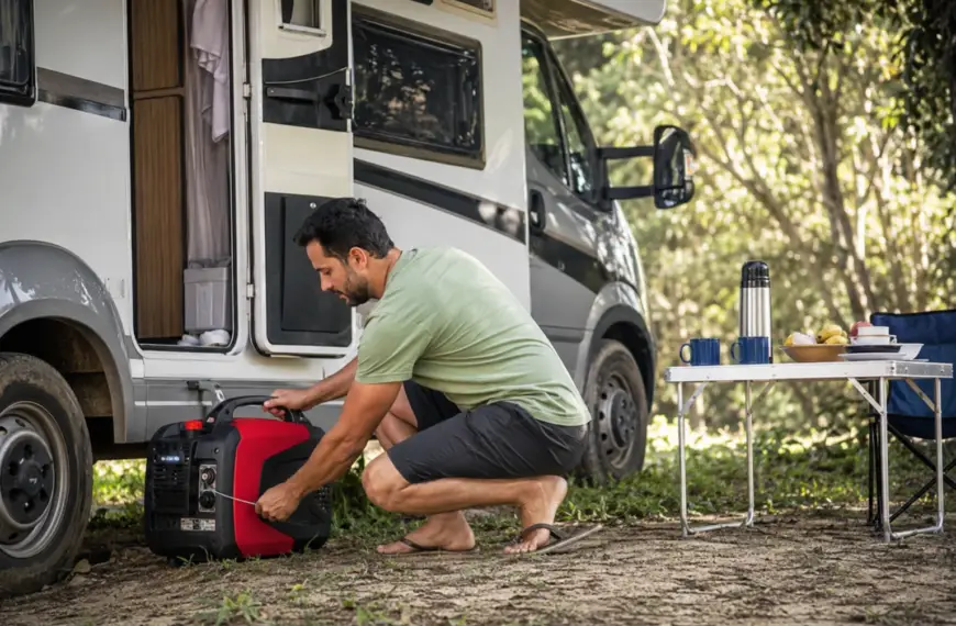 Homem ajustando gerador portátil ao lado de um motorhome estacionado em área de camping arborizada no Brasil.