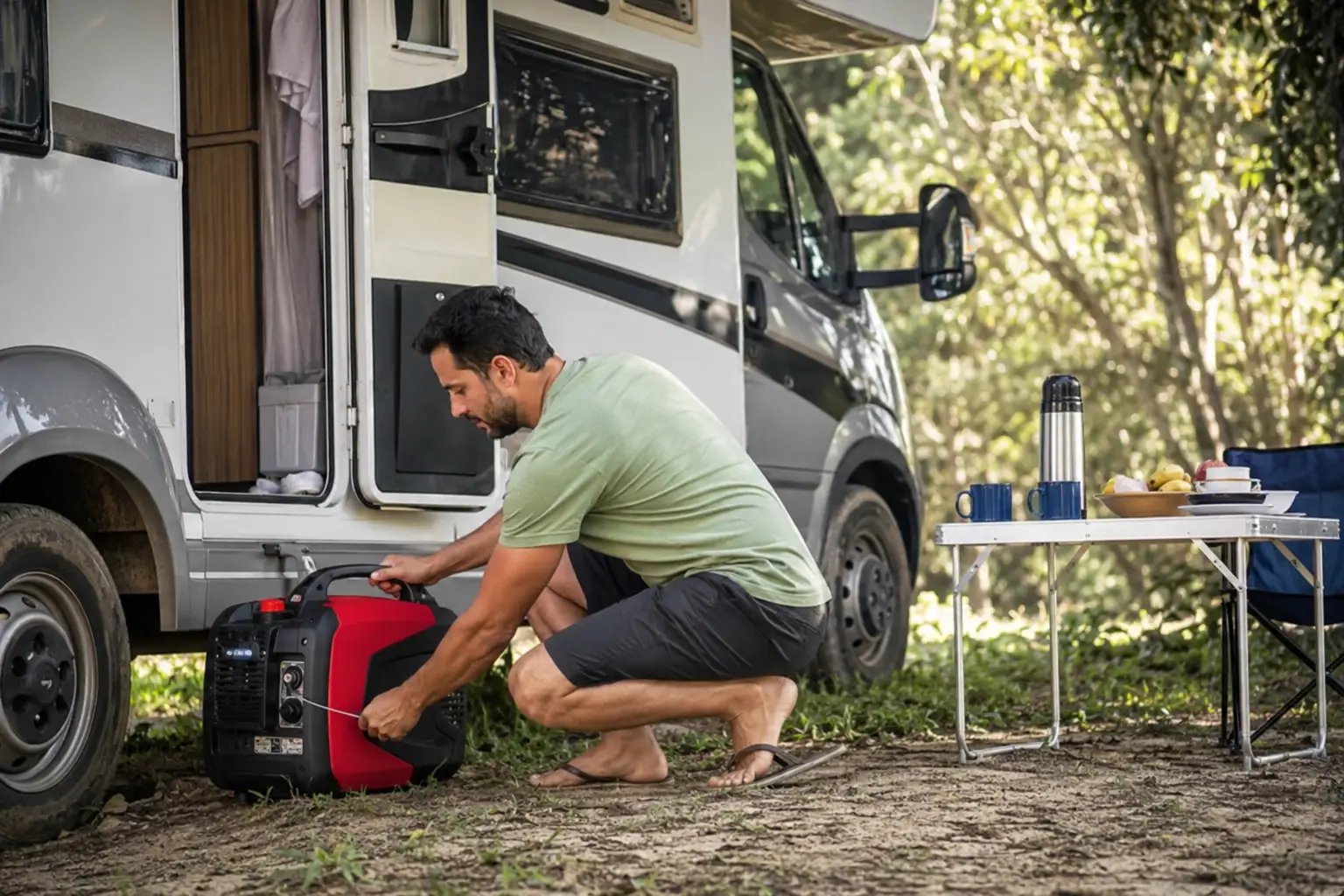 Homem ajustando gerador portátil ao lado de um motorhome estacionado em área de camping arborizada no Brasil.