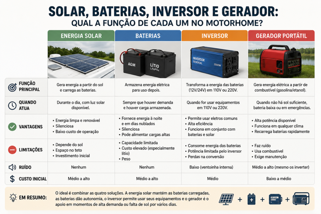 Gerador portátil para motorhome: potência, consumo e cuidados antes de comprar 2 Comparativo entre energia solar, baterias, inversor e gerador para motorhome