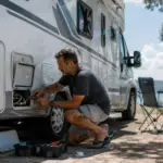 Viajante fazendo manutenção preventiva em motorhome na estrada.