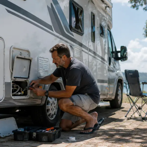 Viajante fazendo manutenção preventiva em motorhome na estrada.
