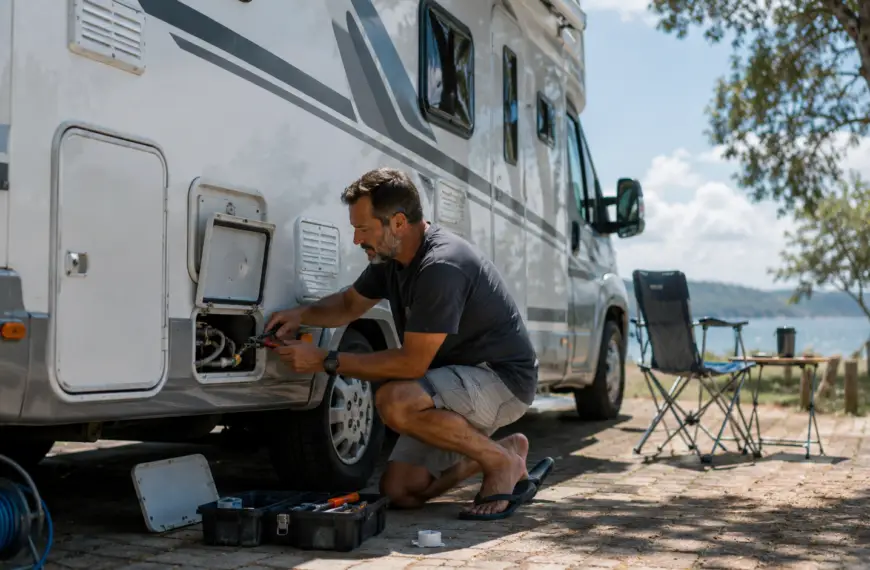 Viajante fazendo manutenção preventiva em motorhome na estrada.