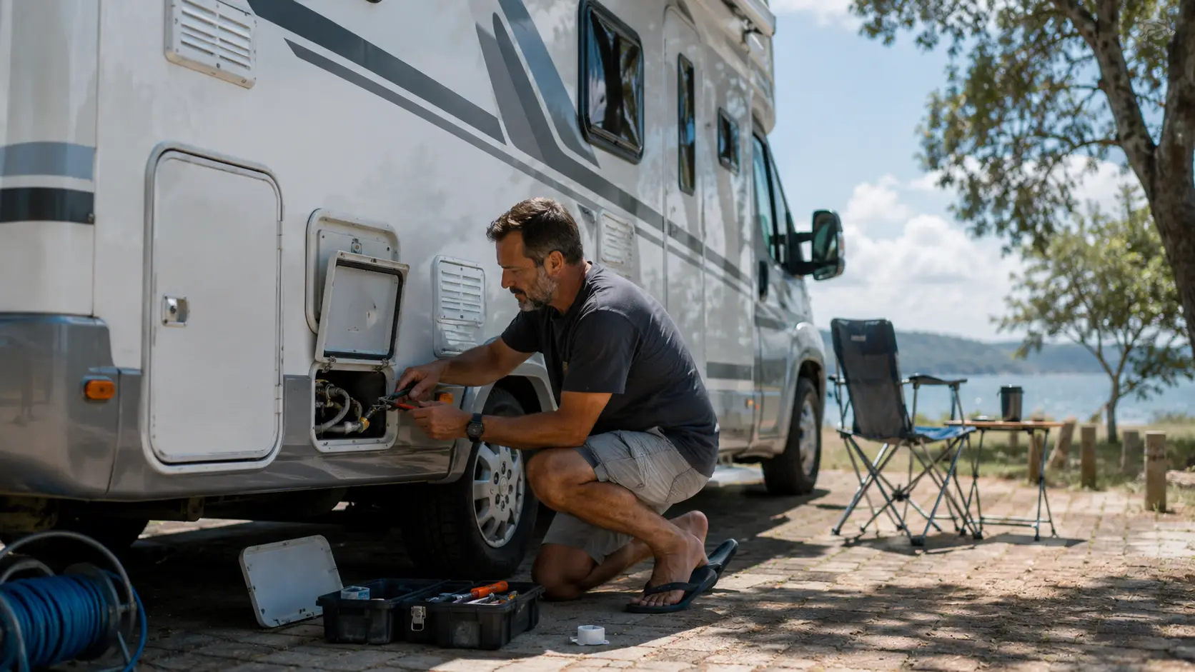 Viajante fazendo manutenção preventiva em motorhome na estrada.