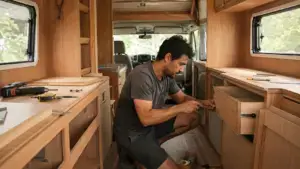 Homem montando móveis de madeira no interior de um motorhome artesanal em processo de adaptação.