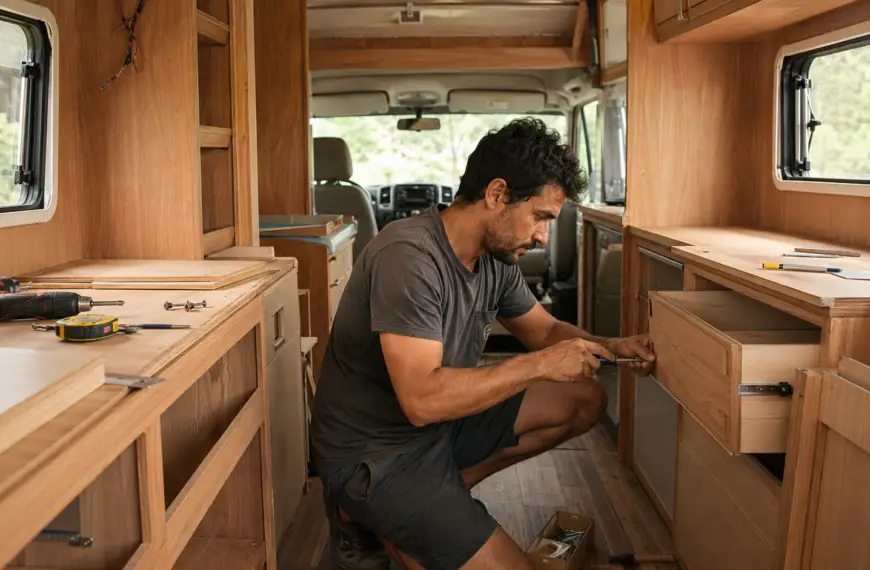 Homem montando móveis de madeira no interior de um motorhome artesanal em processo de adaptação.