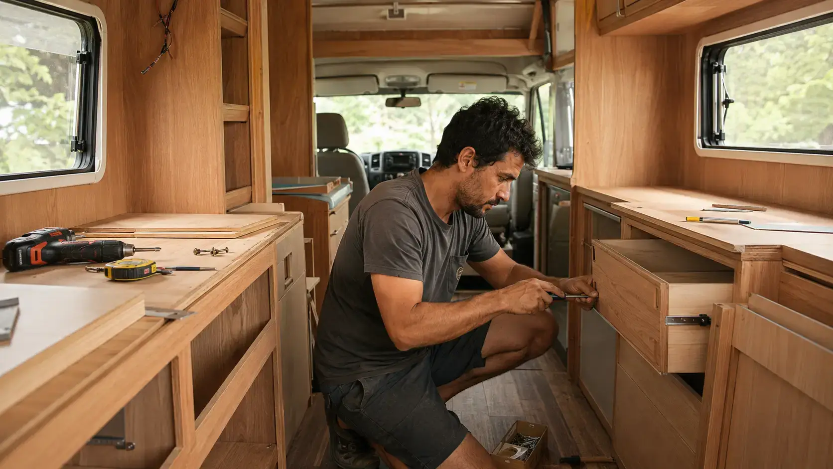 Homem montando móveis de madeira no interior de um motorhome artesanal em processo de adaptação.