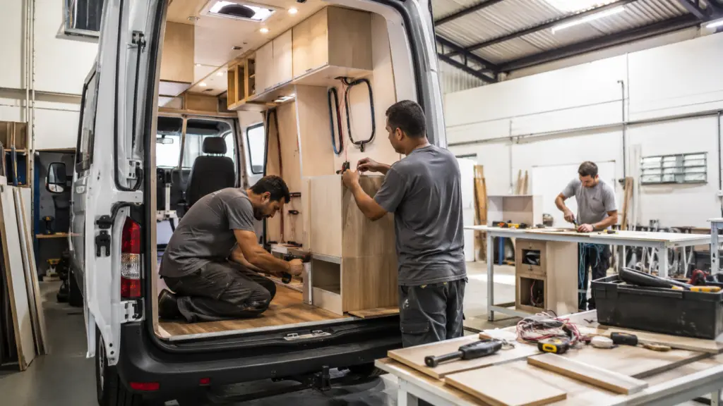Vale mais a pena comprar ou construir um motorhome? 1 Profissionais trabalhando na montagem interna de um motorhome