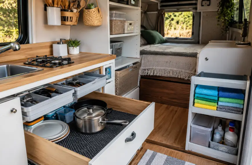 Ilustração gerada por inteligência artificial mostrando o interior de motorhome com acessórios baratos de organização e tapete antiderrapante em gavetas.