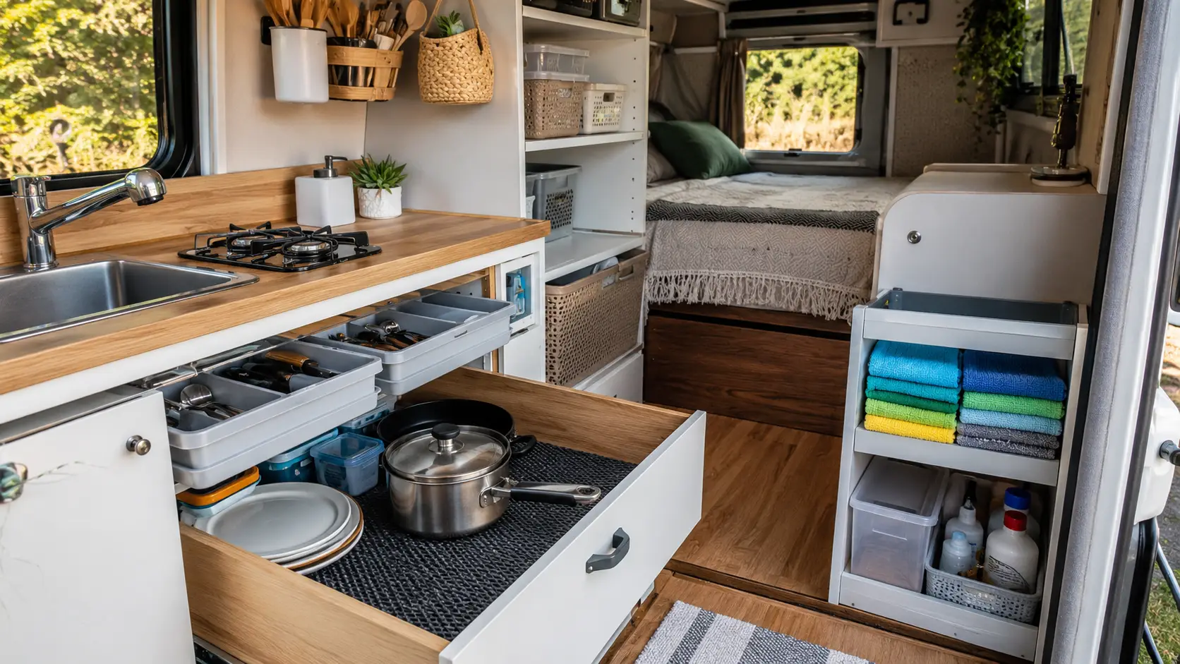 Ilustração gerada por inteligência artificial mostrando o interior de motorhome com acessórios baratos de organização e tapete antiderrapante em gavetas.