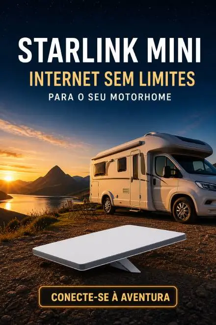 Guia de Compras 15 Banner vertical da Starlink Mini para motorhomes com antena porttil em primeiro plano motorhome estacionado beira de um lago ao pr do sol e a mensagem Internet sem limites para o seu motorhome