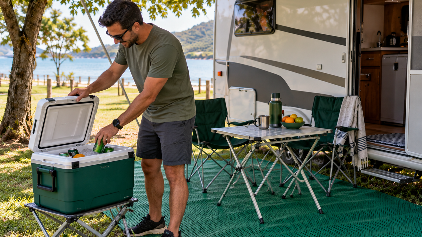 12 acessórios para varanda do motorhome que trazem mais conforto e praticidade 29 Homem pegando bebida na geladeira portátil sobre mesa dobrável na varanda do motorhome