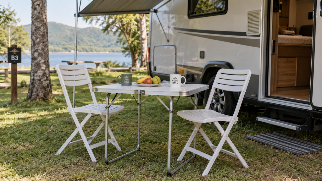 12 acessórios para varanda do motorhome que trazem mais conforto e praticidade 22 Mesa e cadeiras dobráveis montadas na área externa do motorhome