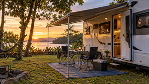Acessórios para varanda do motorhome: toldo, tapete, mesa e cadeiras dobráveis em camping