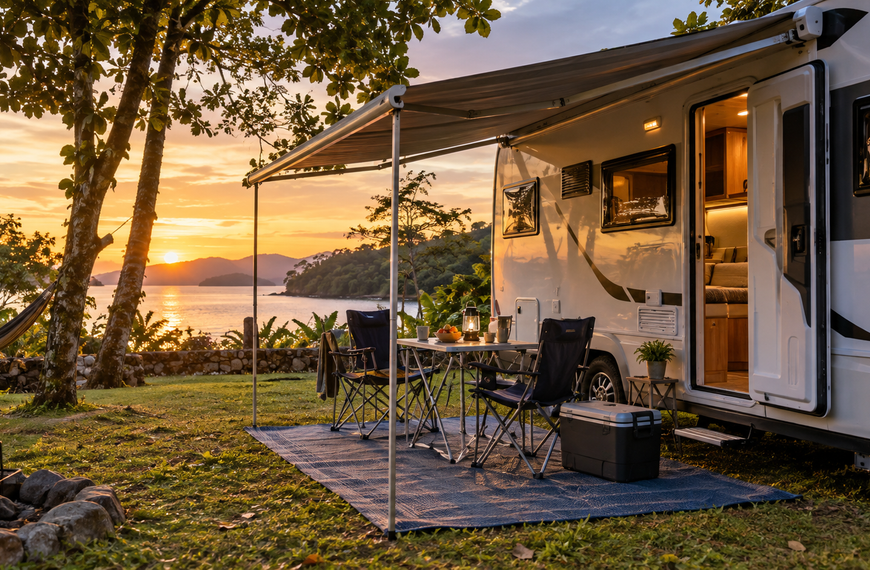 Acessórios para varanda do motorhome: toldo, tapete, mesa e cadeiras dobráveis em camping