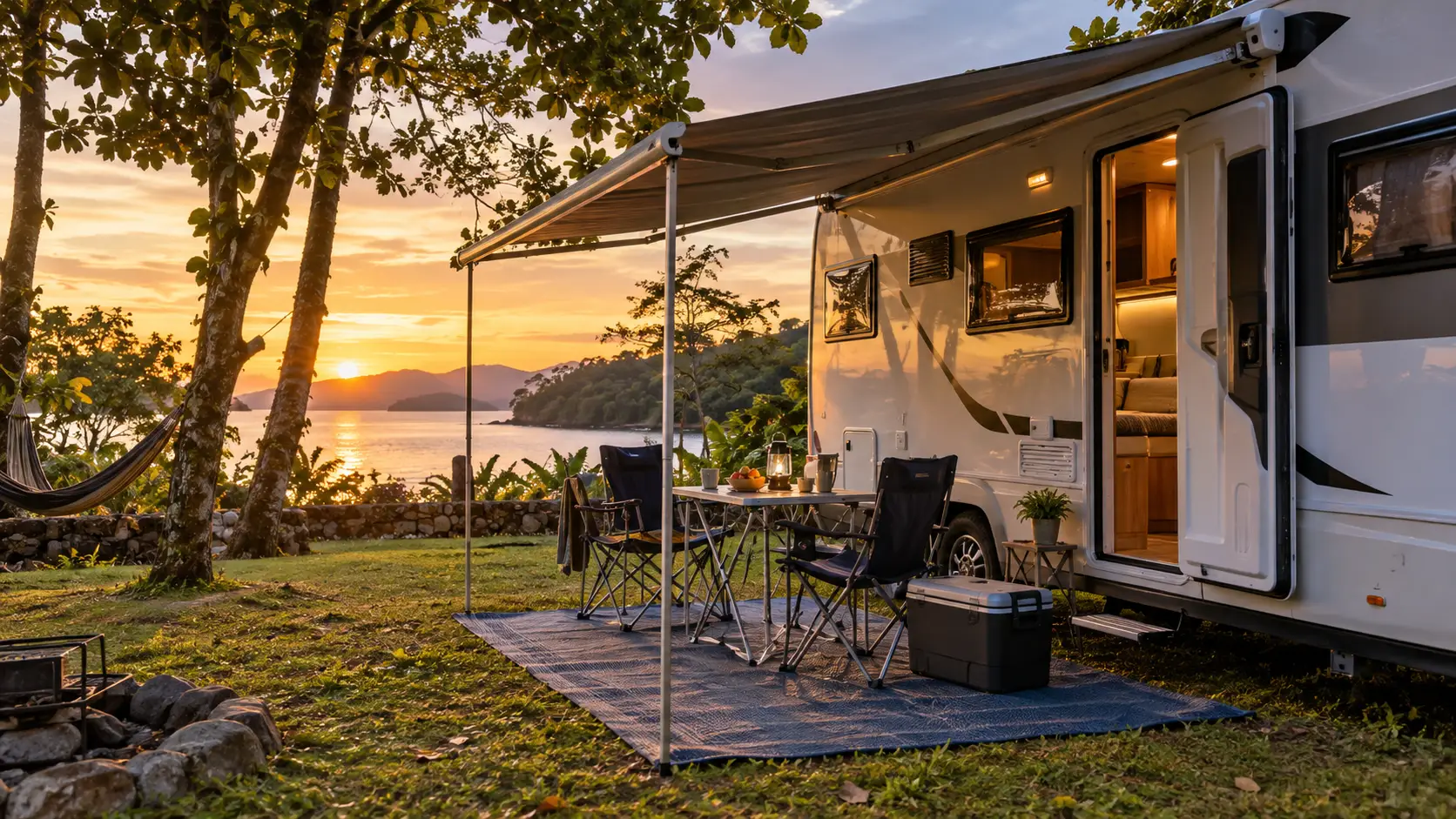 Acessórios para varanda do motorhome: toldo, tapete, mesa e cadeiras dobráveis em camping
