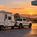 Ilustração de trailer com placa solar estacionado ao lado de um posto de combustível ao amanhecer