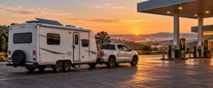 Ilustração de trailer com placa solar estacionado ao lado de um posto de combustível ao amanhecer