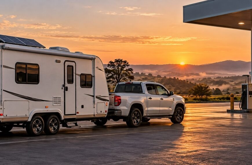 Ilustração de trailer com placa solar estacionado ao lado de um posto de combustível ao amanhecer